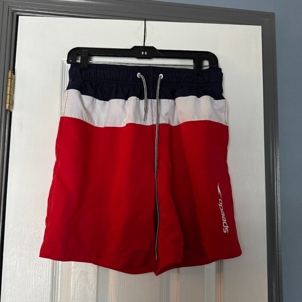 Mens Speedo Board Shorts Size S Red, White & Blue with Back Pocket